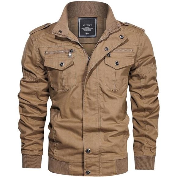 Men Military Jacket Cotton Utility Coat Cargo Bomber Stand Collar Multi-Pocket